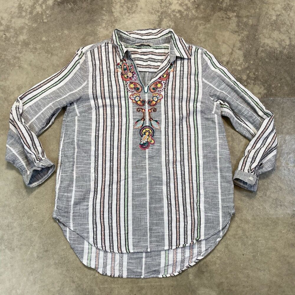 Soft Surroundings Shirt Womens Large Aruba Embroidered Pullover Tunic Boho Strip - Picture 1 of 13
